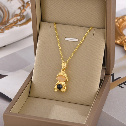 Luxury Titanium Steel Little Buddha Pendant Necklace For Women Gold Plated Zirconia Heart Sutra Projection Jewelry Gift