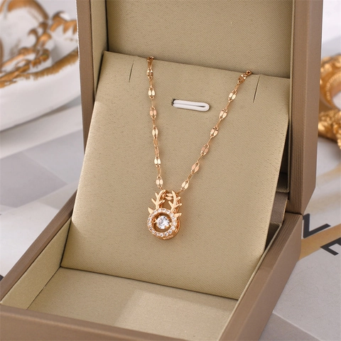 Titanium Steel Zirconia Dancing Stone Deer Antler Necklace For Women Rose Gold Silver Antler Pendant Necklace Jewelry Gift