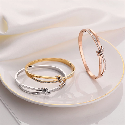 Elegant Titanium Steel Knot Bangle With Zirconia Inlay Cross Layered Open Cuff Bracelet For Women Fashion Jewelry