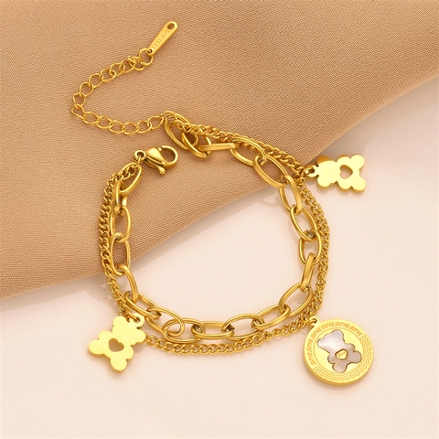 Women's Double Layer Stainless Steel Bear Charm Bracelet Gold Silver Plated Heart Hollow Out Jewelry Adjustable Fashion Accessory