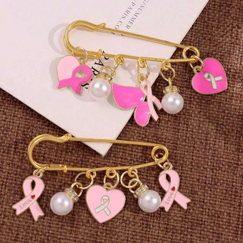 Breast Cancer Awareness Pink Ribbon Alloy Brooch With Faux Artificial Pearl Rhinestone Heart Butterfly Pendant Gold Pin Jewelry Gift