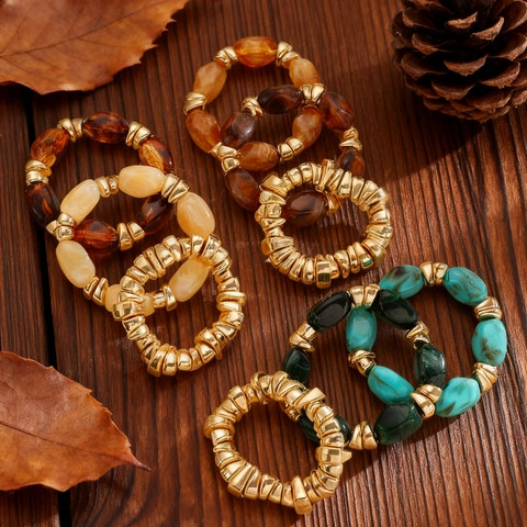 Retro Harz Perlen Armband Set Für Herren Damen Boho Unregelmäßige Legierung Gold Plattiert Marmor Muster Stapelbares Armband Schmuck