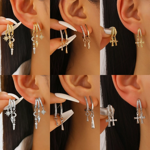 Orecchini a Cerchio con Zirconia e Nappine Irregolari per Donna in Rame Placcato Oro Argento Pendenti Croce Goccia
