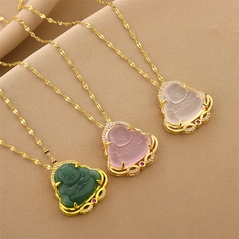 Vintage Titanium Steel Gold Plated Maitreya Buddha Pendant Necklace With Zirconia Faux Jade Laughing Buddha Jewelry For Women