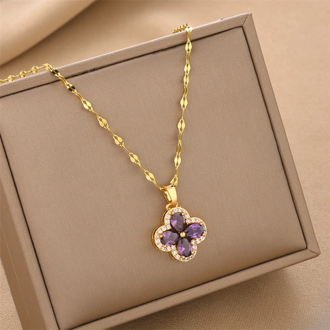 Stainless Steel Clover Necklace Purple White Zirconia Flower Pendant Necklace Electroplated Clavicle Chain Jewelry For Women