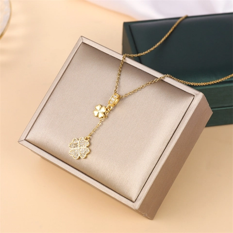 Collar De Estilo Coreano Con Colgante De Trébol De Cuatro Hojas Acero De Titanio Mujer Oro Plata Zirconia Borla Joyería