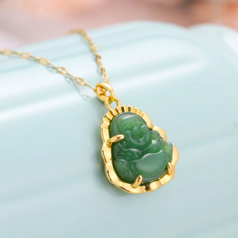 Chinese Style Minimalist Stainless Steel Maitreya Buddha Pendant Necklace Gold Plated Imitation Jade Clavicle Chain Women Jewelry