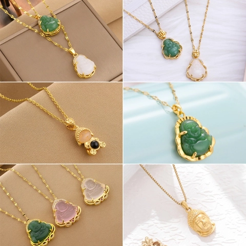 Stainless Steel Maitreya Buddha Pendant Necklace For Women Hip Hop Gold Plated Chalcedony Stone Buddha Clavicle Chain Jewelry