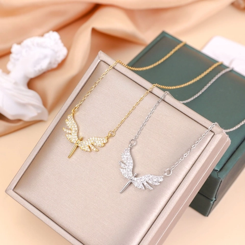 Angel Wing Zirconia Pendant Necklace For Women Stainless Steel Chain Gold Silver Plated Elegant Dainty Fashion Jewelry Gift