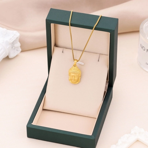 Luxury Titanium Steel Gold Buddha Head Pendant Necklace With Box Chain Religious Fashion Jewelry For Men Women