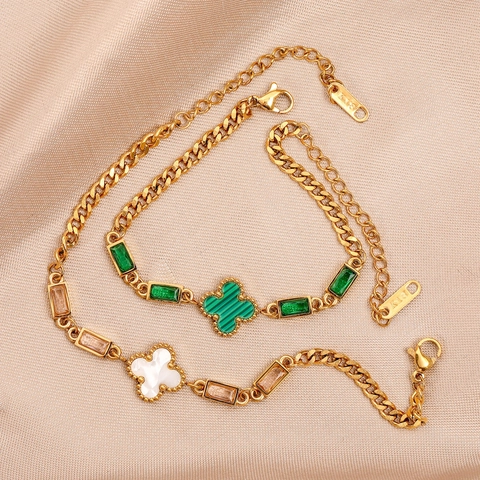 Korean Style 18K Gold Plated Titanium Steel Clover Bracelet For Women Fashion Rhinestone Geometric Inlaid Jewelry Finger Hand Ornament