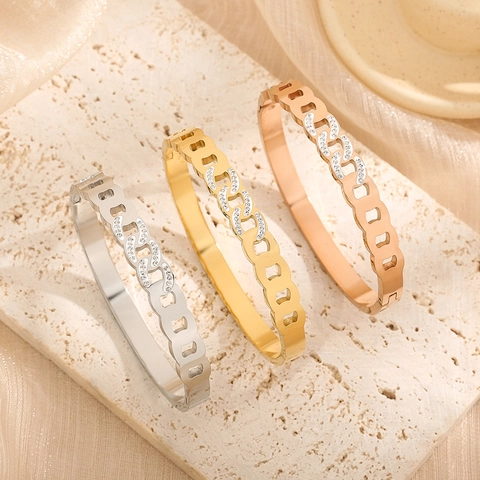 Fashion Stainless Steel Hollow Chain Link Bangle For Women Luxury Zirconia Inlaid Gold Rose Gold Silver Twisted Bracelet Jewelry