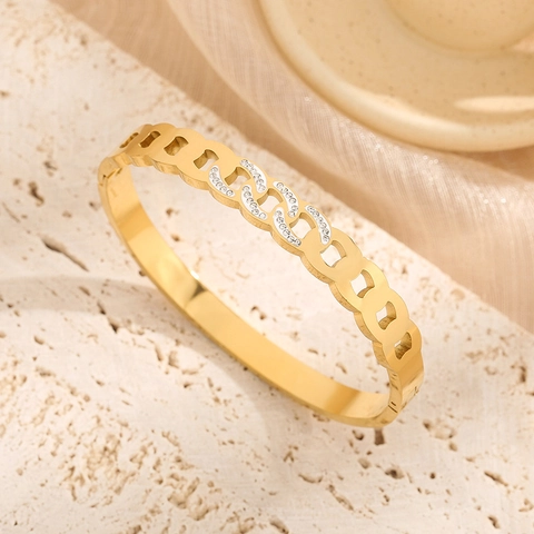 Fashion Stainless Steel Hollow Chain Link Bangle For Women Luxury Zirconia Inlaid Gold Rose Gold Silver Twisted Bracelet Jewelry