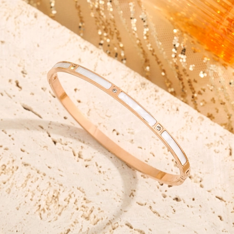 Minimalist Stainless Steel Bangle For Women White Shell Inlaid Zirconia Gold Rose Gold Silver Non-Fading Jewelry Gift