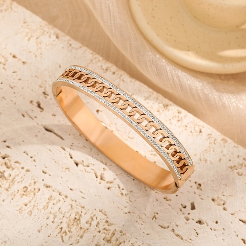 Luxury Titanium Steel Double Row Zircon Bangle For Women Gold Rose Gold Silver Plated Stainless Steel Cuban Link Bangle Bracelet Jewelry Gift