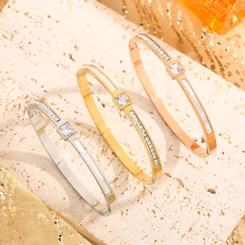 Titanium Steel Bangle For Women With Square Zircon And White Shell Inlay Row Of Rhinestones Beveled Square Grain Jewelry