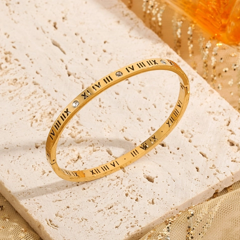 Bracciale Rigido Donna Numeri Romani Traforato Acciaio al Titanio con Zirconi Oro Oro Rosa Argento Gioielli di Lusso