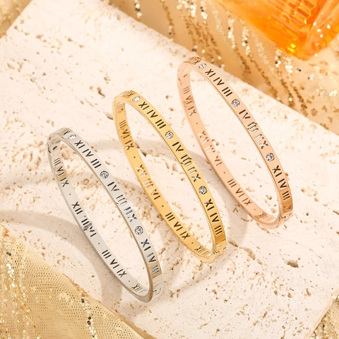 Bracciale Rigido Donna Numeri Romani Traforato Acciaio al Titanio con Zirconi Oro Oro Rosa Argento Gioielli di Lusso