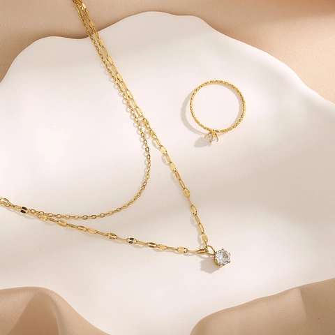 Minimalist Double Layer Stainless Steel Gold Necklace With Zirconia Round Pendant Elegant Korean Fashion Jewelry For Women