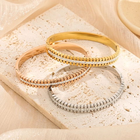 Titanium Steel Bangle For Women Luxury Double Row Round Studs Zirconia Inlay Clasp Bangle Gold Silver Rose Gold Bracelet