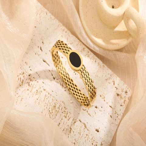 Hollow Honeycomb Mesh Stainless Steel Bangle For Women Vintage Gold Silver Rose Gold Black Oval Enamel Bracelet Jewelry