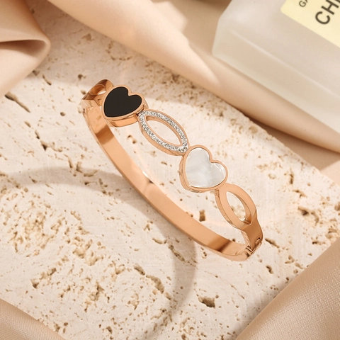 Stainless Steel Heart Bangle For Women Zirconia Shell Inlaid Rose Gold Plated Cuff Bracelet Commute Fashion Jewelry Gift