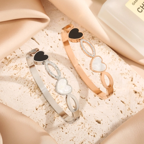 Stainless Steel Heart Bangle For Women Zirconia Shell Inlaid Rose Gold Plated Cuff Bracelet Commute Fashion Jewelry Gift