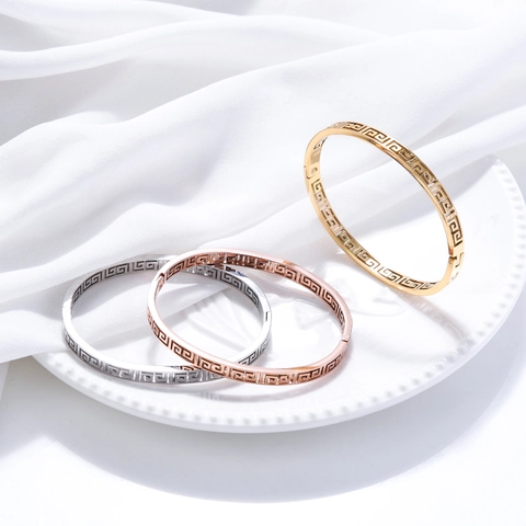 Vintage Titanium Steel Greek Key Meander Bangle For Women Gold Rose Gold Silver Plated Open Cuff Bracelet Palace Jewelry