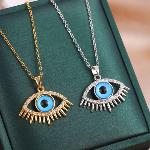 Bohemian Stainless Steel Evil Eye Pendant Necklace For Women Gold Silver Plated Zirconia Eyelash Turkish Amulet Jewelry Gift