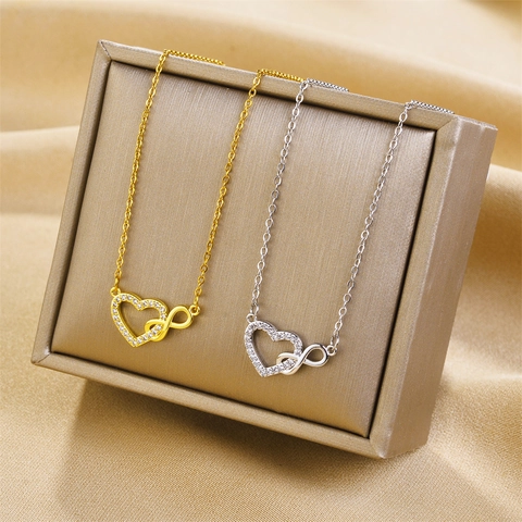 Titanium Steel Infinity Heart Pendant Necklace With Cubic Zirconia Micro Pave Gold Silver Elegant Women Clavicle Chain Jewelry