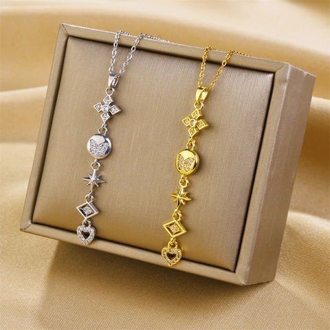 Fashion Stainless Steel Zirconia Necklace For Women Long Tassel Four Leaf Clover Heart Butterfly Pendant Clavicle Chain