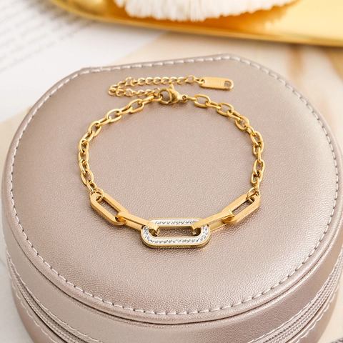 Gold Plated Stainless Steel Chunky Chain Bracelet Anklet For Women Full Zirconia Geometric O-Shaped Link Jewelry Gift