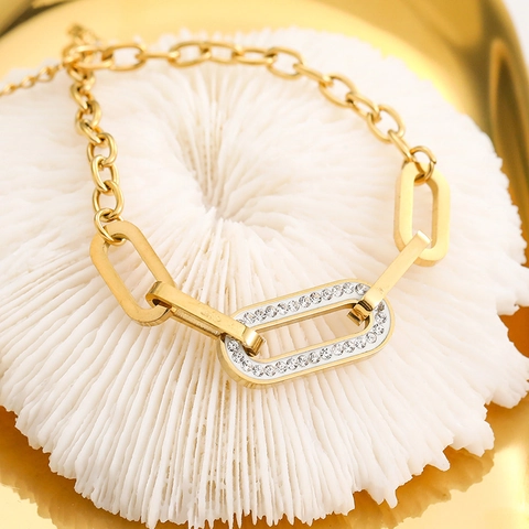 Gold Plated Stainless Steel Chunky Chain Bracelet Anklet For Women Full Zirconia Geometric O-Shaped Link Jewelry Gift