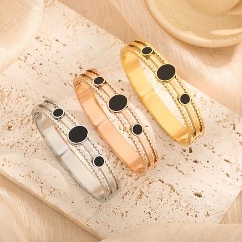 Vintage Titanium Steel Bangle For Women Hollow Out Double Track Beaded Edge Black Enamel Geometric Oval Fashion Jewelry Gift
