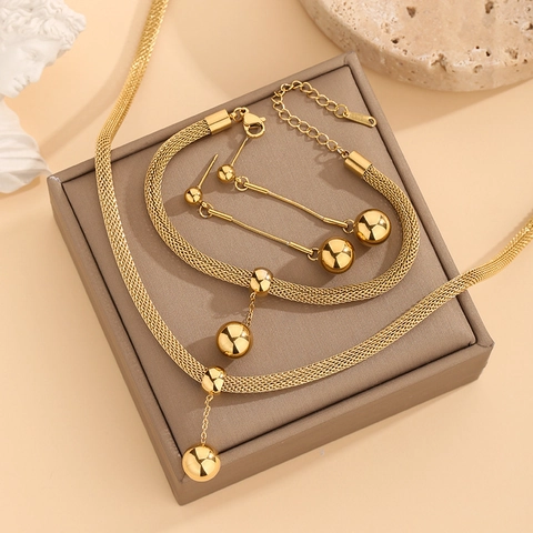 Parure de Bijoux en Or en Acier Inoxydable Chaîne à Mailles Métalliques Pendentif Boule Collier Bracelet Boucles d'Oreilles Femme