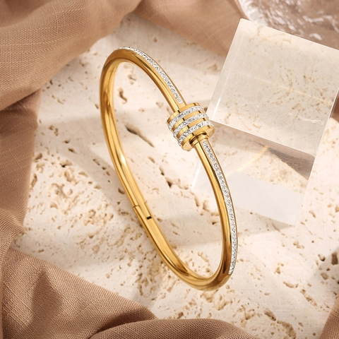 Titanium Steel Rhinestone Bangle For Women Gold Rose Gold Plated Minimalist Open Cuff Bangle Inlaid Geometric Jewelry Bracelet Gift