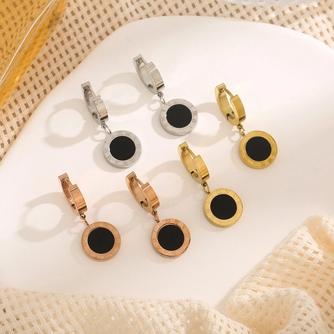 Minimalist Titanium Steel Roman Numeral Hoop Earrings For Women Gold Rose Gold Silver Black Inlay Round Drop Earrings Jewelry