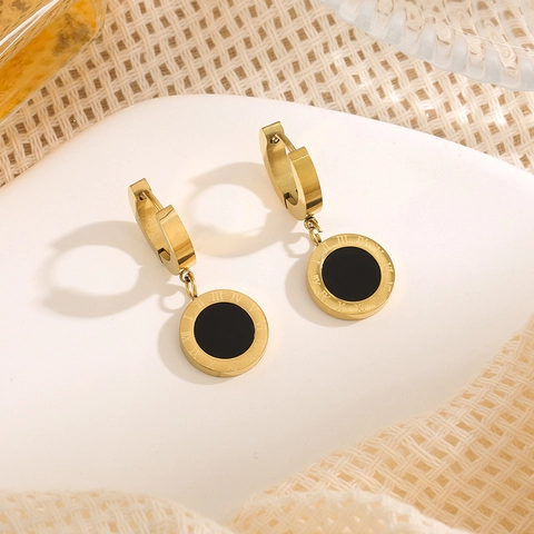 Minimalist Titanium Steel Roman Numeral Hoop Earrings For Women Gold Rose Gold Silver Black Inlay Round Drop Earrings Jewelry