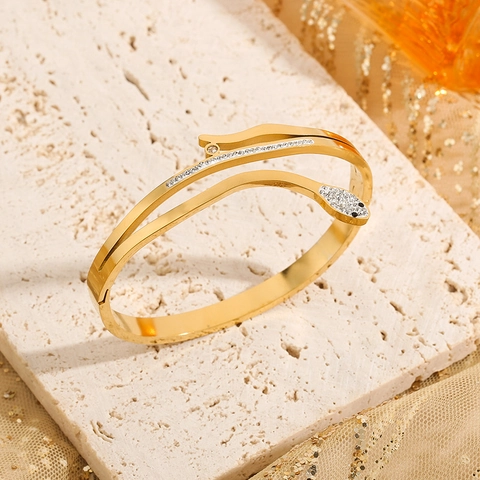 Luxury Titanium Steel Snake Bangle With Zirconia Rhinestone Inlay Open Wrap Bracelet Gold Rose Gold Silver Fashion Jewelry For Women
