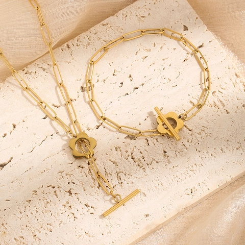 Gold Stainless Steel Paperclip Chain Jewelry Set With Flower Toggle Clasp Plum Blossom Necklace Bracelet Earrings For Women