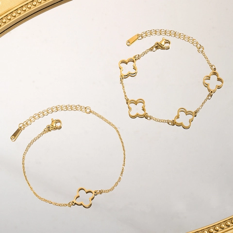 Einfache Mode Hohl Vierblättriges Kleeblatt Armband Für Damen 18K Vergoldet Edelstahl Verstellbare Gliederkette Handschmuck