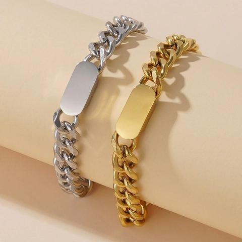 Bracelet Chaîne Gourmette en Acier Inoxydable Avec Plaque d'Identité Lisse Bijoux de Main Minimalistes Hip Hop Cadeau Homme Femme