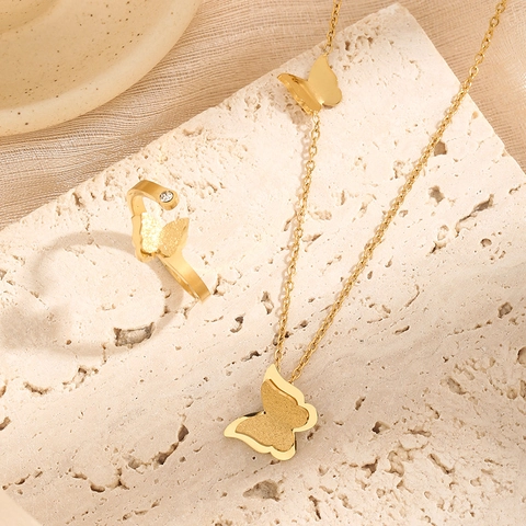Matte Titanium Steel Butterfly Pendant Necklace Ring And Stud Earrings Titanium Steel Jewelry For Women Fashion Jewelry