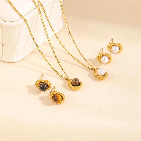 Geometric Organic Lava Shape Titanium Steel Gold Plated Artificial Pearl Tiger's Eye Stone Jewelry Set Necklace Stud Earrings For Women