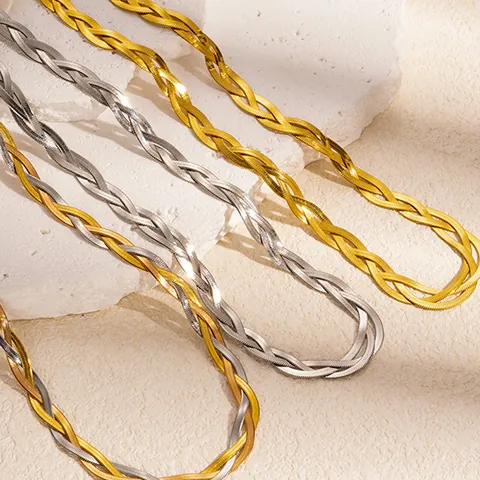 Fashion Stainless Steel Braided Snake Chain Necklace Bracelet Jewelry For Women Gold Silver Tricolor Flat Twisted Jewelry
