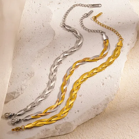 Fashion Stainless Steel Braided Snake Chain Necklace Bracelet Jewelry For Women Gold Silver Tricolor Flat Twisted Jewelry
