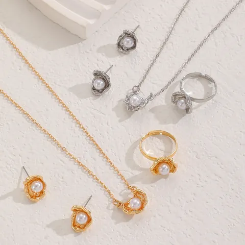 Vintage Zinc Alloy Artificial Pearl Jewelry Including Flower Shaped Necklace Earrings Open Ring For Women Elegant Decoration