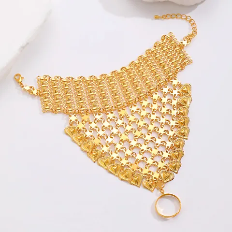 Middle Eastern Vintage Iron Hand Chain For Women Gold Silver Plated Heart Pattern Mesh Hand Harness Ring Bracelet
