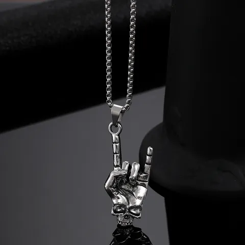 Stainless Steel Skeleton Hand Rock Gesture Pendant Necklace For Men Women Punk Hip Hop Gothic Jewelry Halloween Gift