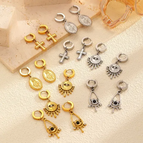 Stainless Steel Hoop Dangle Earrings Gold Silver Plated Cross Evil Eye Virgin Mary Medal Religious Jewelry For Women